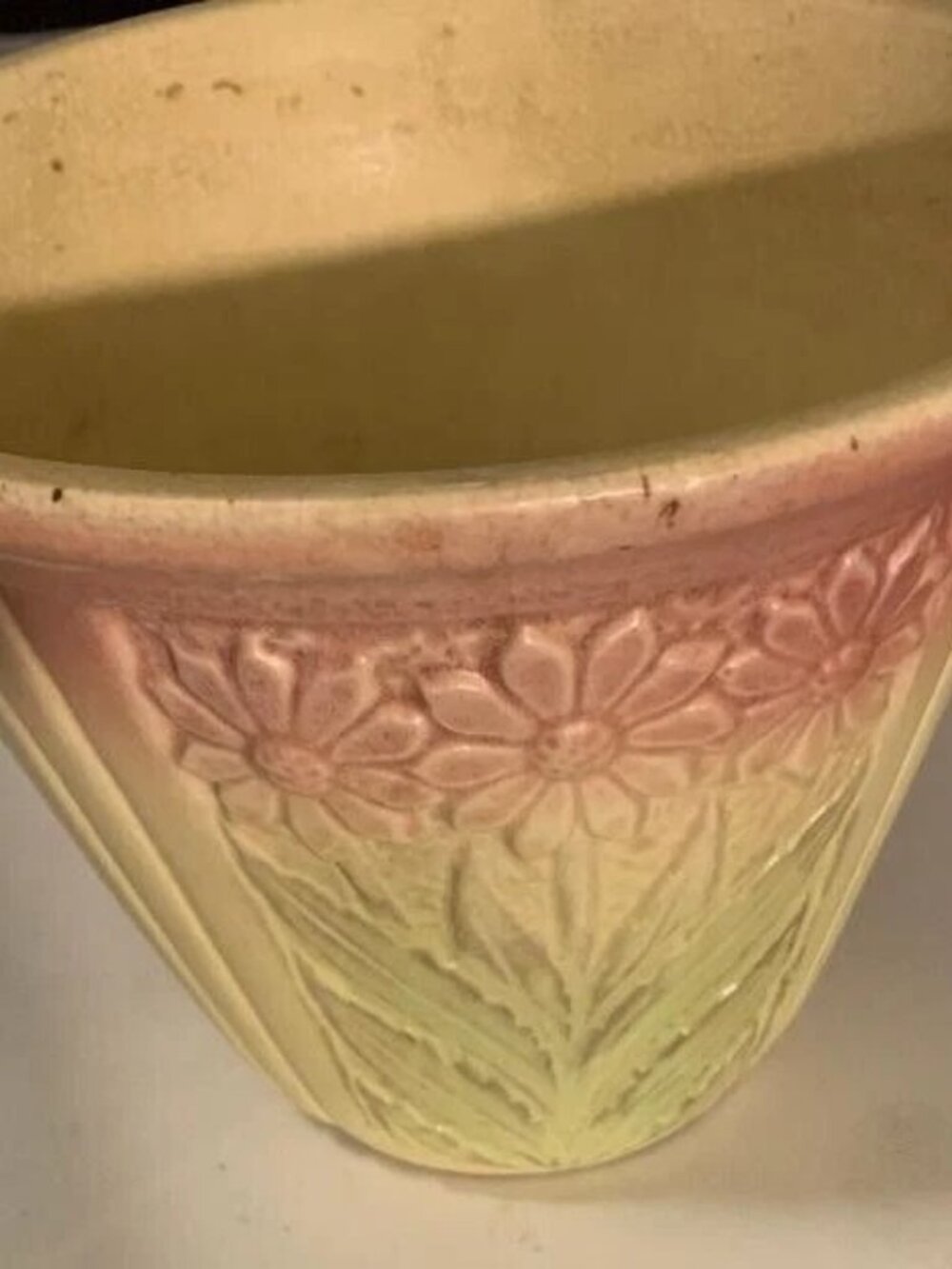 Vintage Pottery Vase Flowerpot Pink Flowers 5.5" tall, 7" top DIA, Bottom DIA 4"